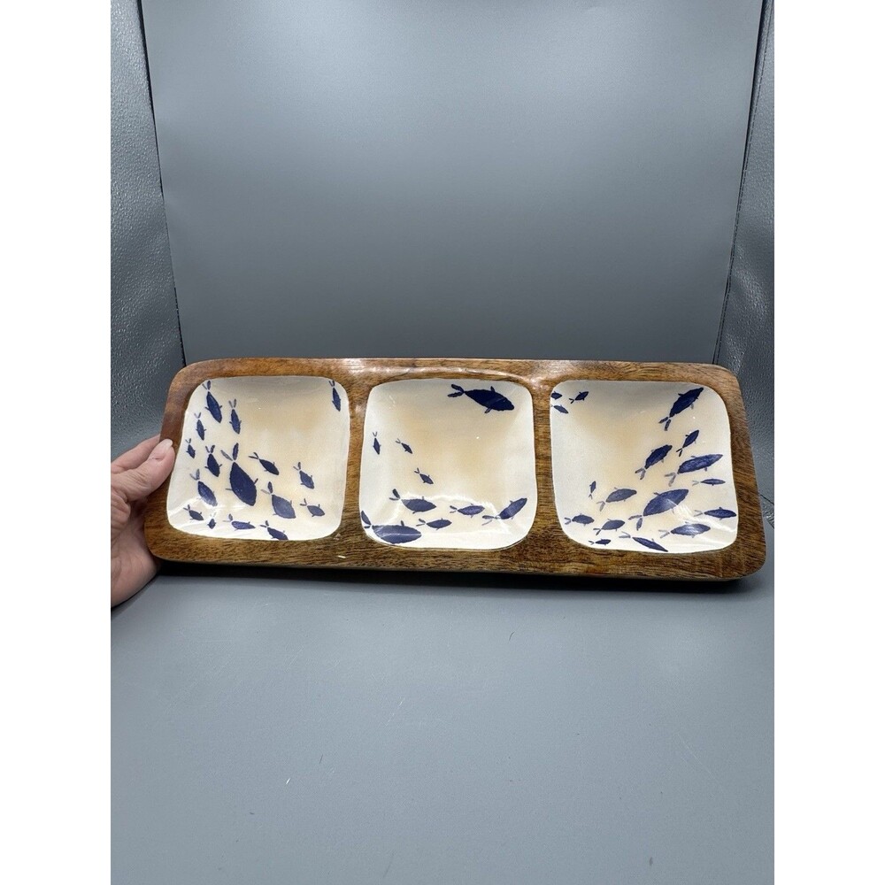 Batela Sea Style Large Wood Divided Serving Tray Platter Bowl School Of Fish 15”